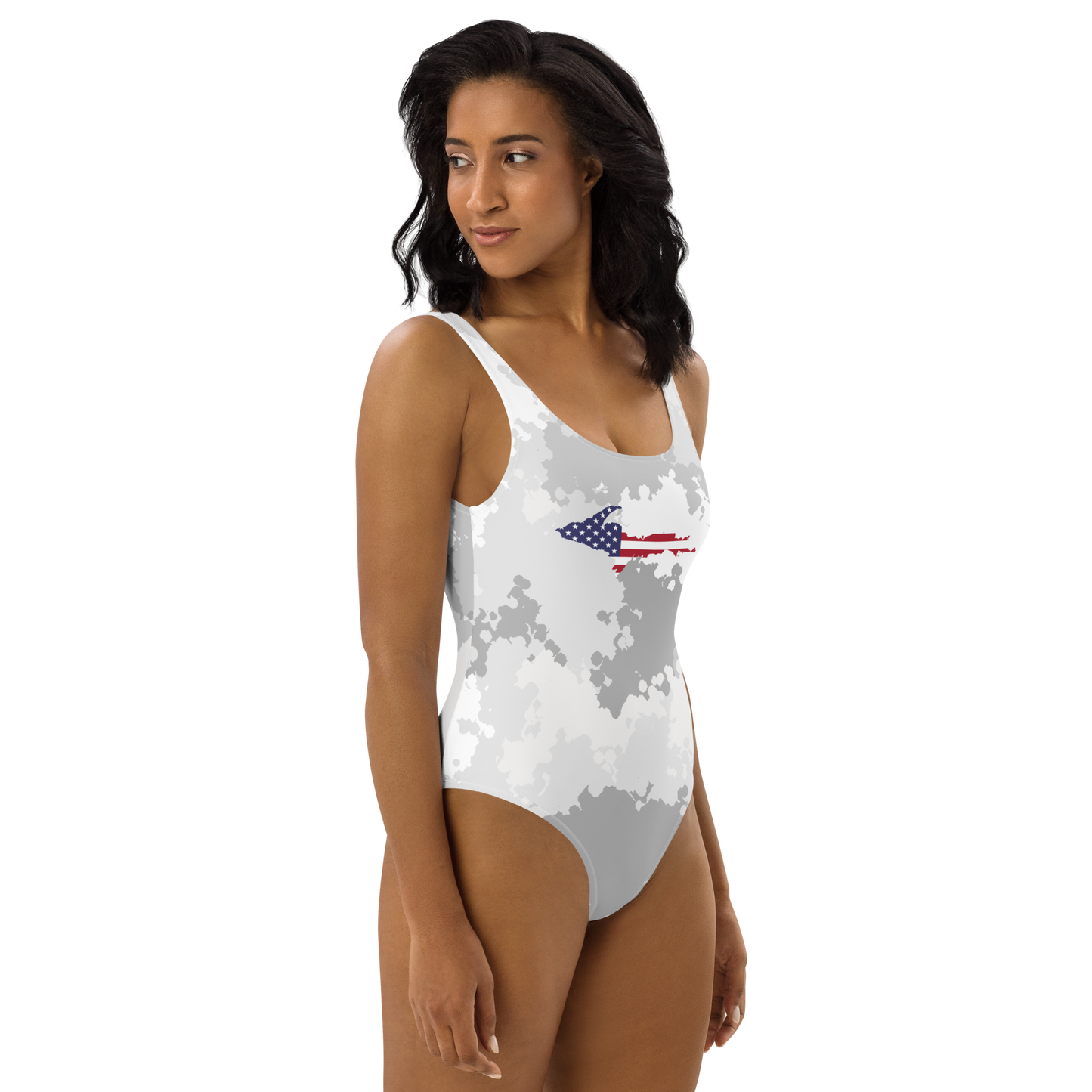 Michigan Upper Peninsula One-Piece Swimsuit (w/ UP USA Flag) | Snow Camo