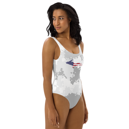 Michigan Upper Peninsula One-Piece Swimsuit (w/ UP USA Flag) | Snow Camo