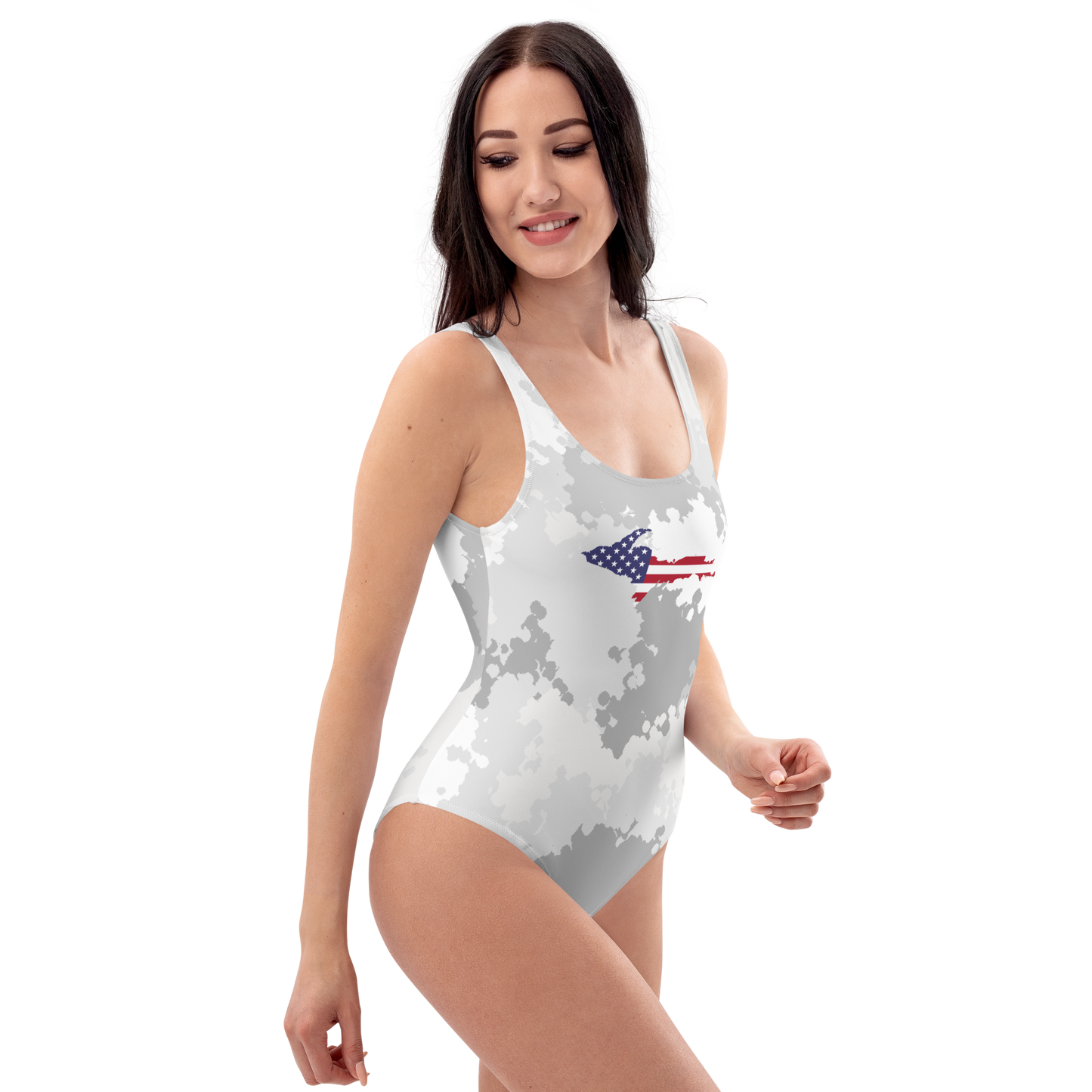 Michigan Upper Peninsula One-Piece Swimsuit (w/ UP USA Flag) | Snow Camo