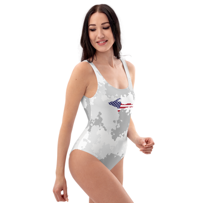 Michigan Upper Peninsula One-Piece Swimsuit (w/ UP USA Flag) | Snow Camo