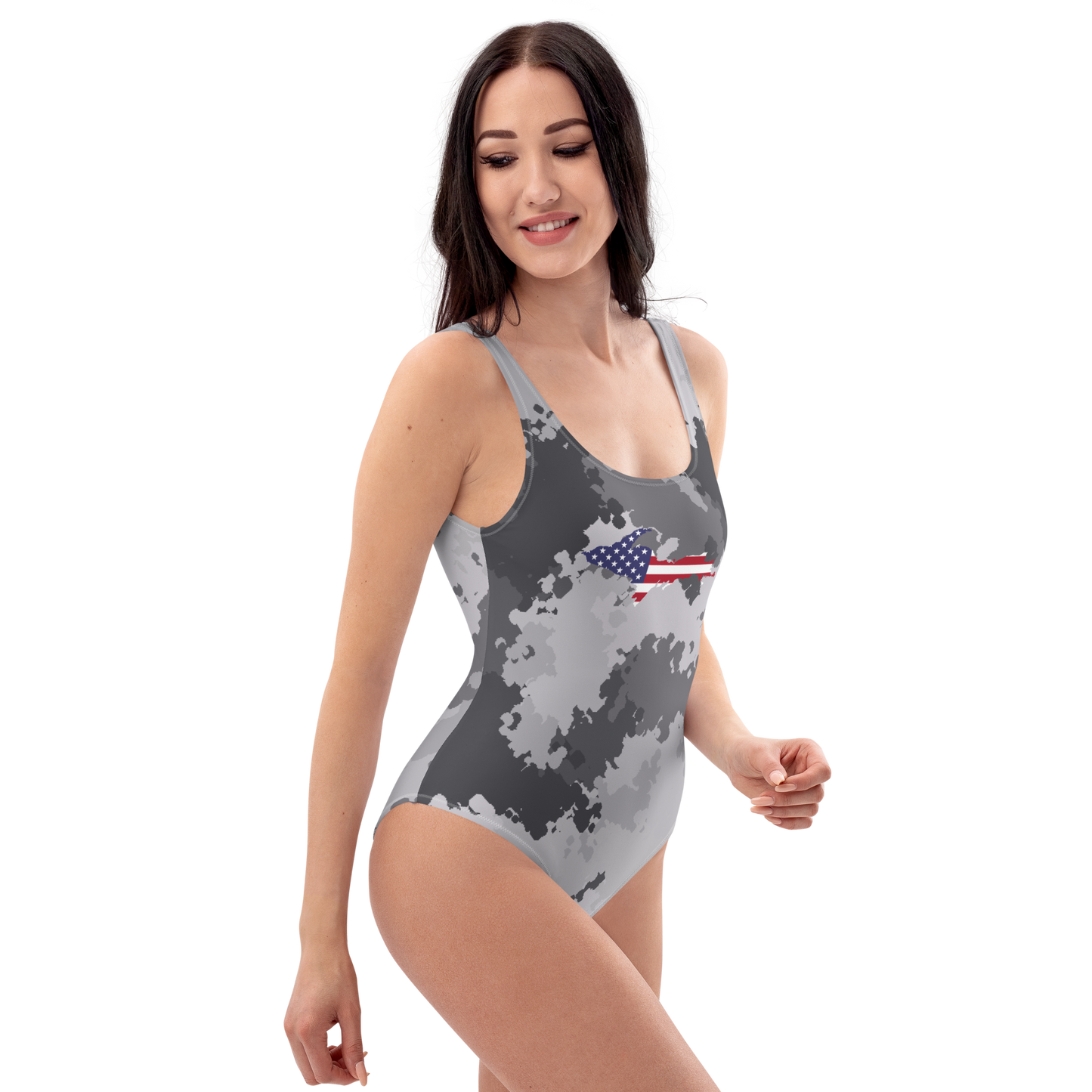 Michigan Upper Peninsula One-Piece Swimsuit (w/ UP USA Flag) | Iron Ore Camo