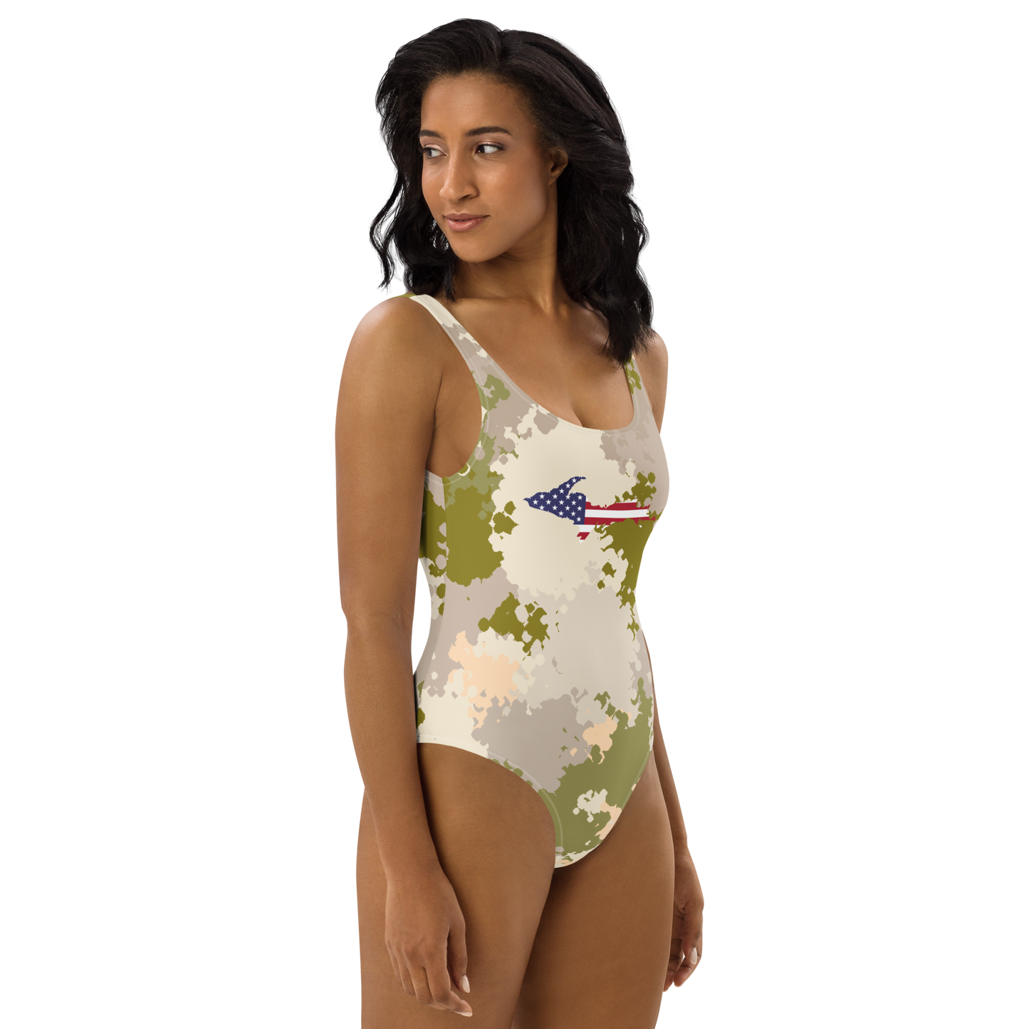 Michigan Upper Peninsula One-Piece Swimsuit (w/ UP USA Flag) | Rosy Mound Camo