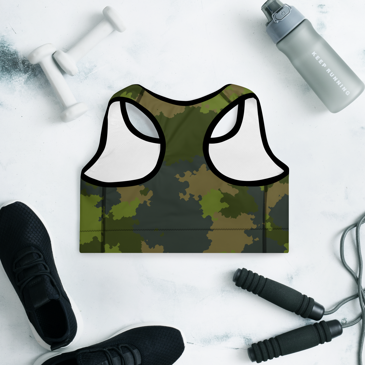 Michigan Upper Peninsula Padded Sports Bra (w/ UP USA Flag Outline) | Woodland Camo