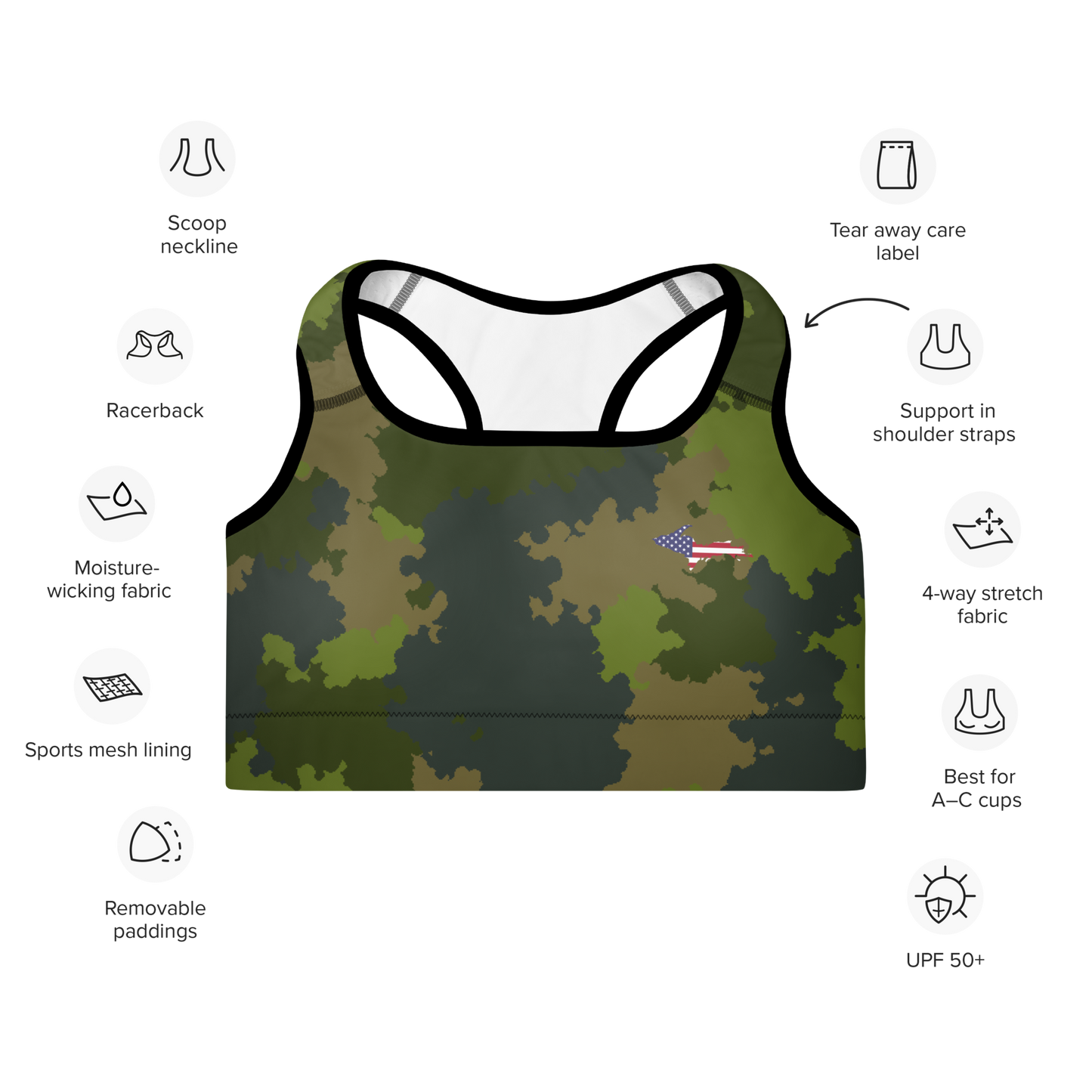 Michigan Upper Peninsula Padded Sports Bra (w/ UP USA Flag Outline) | Woodland Camo