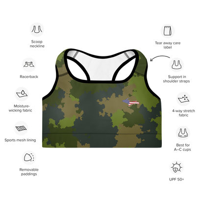 Michigan Upper Peninsula Padded Sports Bra (w/ UP USA Flag Outline) | Woodland Camo