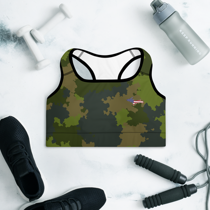 Michigan Upper Peninsula Padded Sports Bra (w/ UP USA Flag Outline) | Woodland Camo