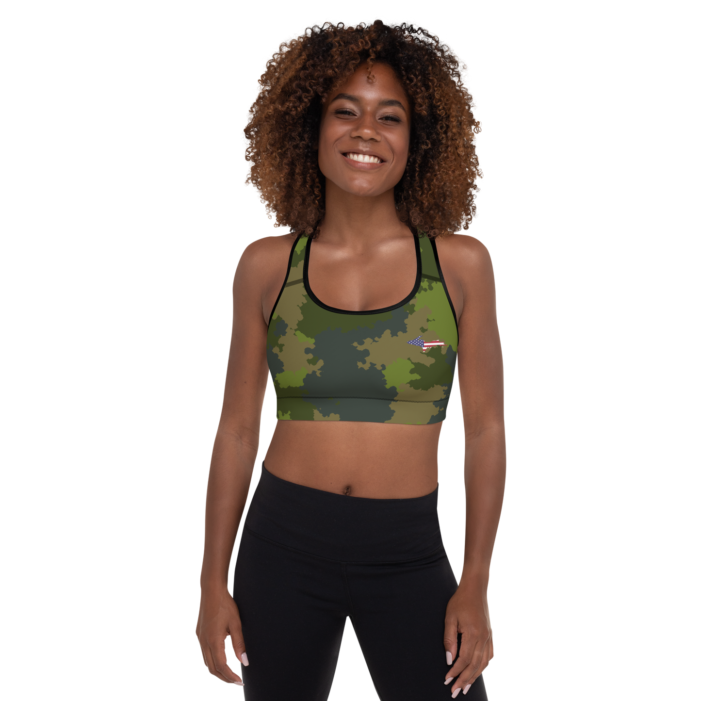 Michigan Upper Peninsula Padded Sports Bra (w/ UP USA Flag Outline) | Woodland Camo