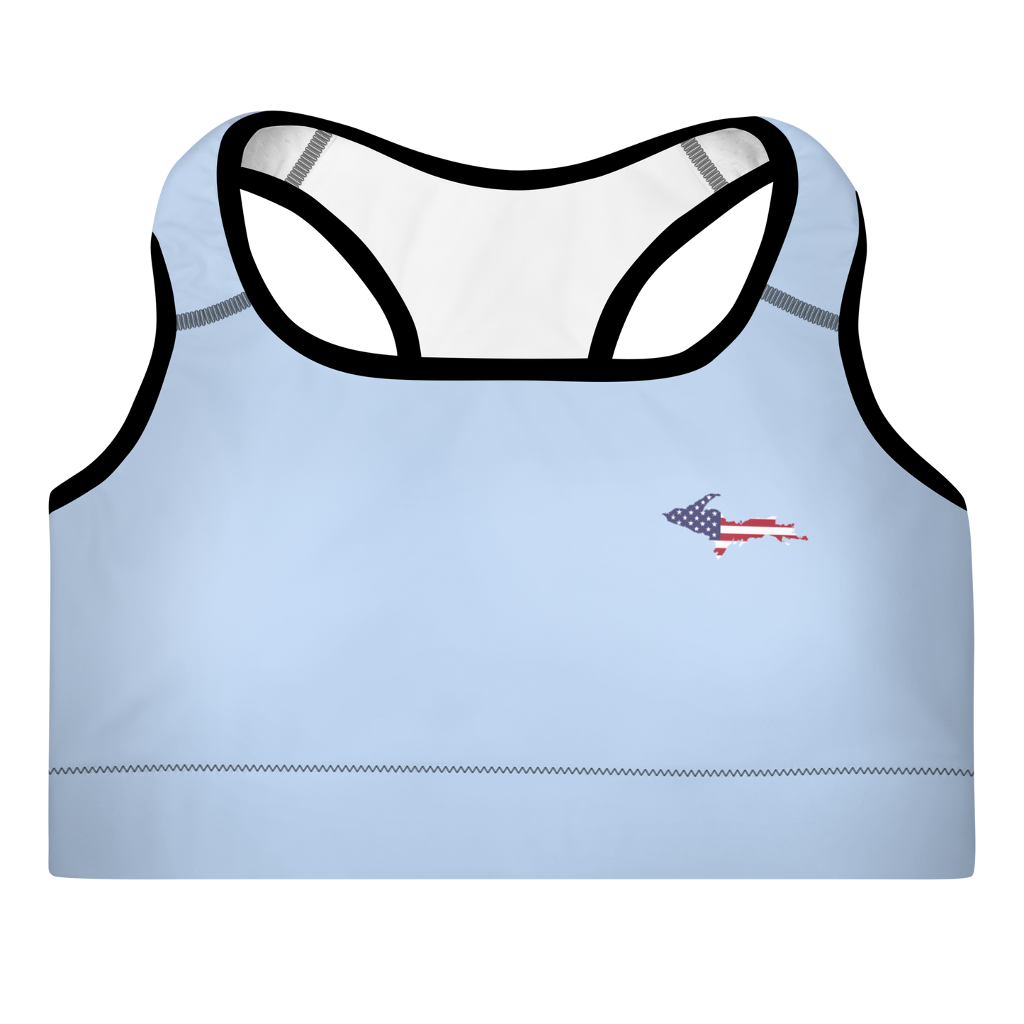 Michigan Upper Peninsula Padded Sports Bra (w/ UP USA Flag Outline) | Light Blue