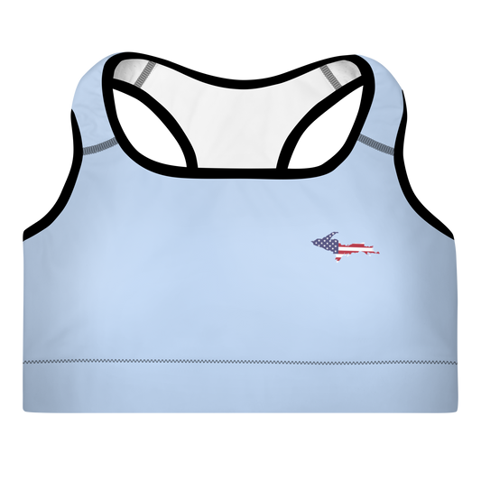 Michigan Upper Peninsula Padded Sports Bra (w/ UP USA Flag Outline) | Light Blue