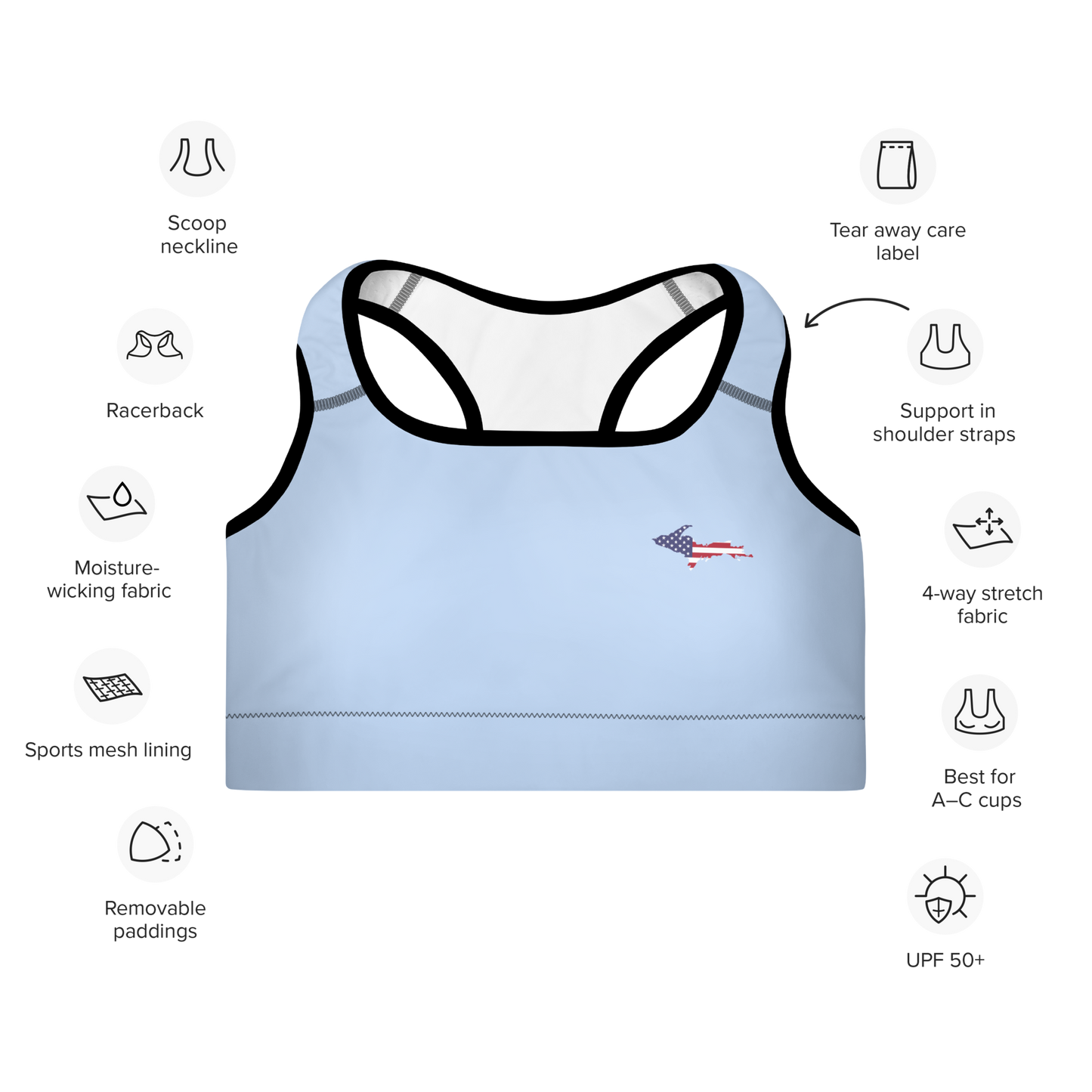 Michigan Upper Peninsula Padded Sports Bra (w/ UP USA Flag Outline) | Light Blue