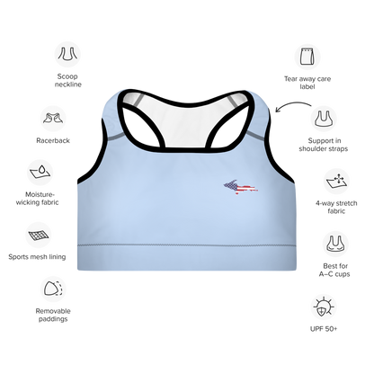 Michigan Upper Peninsula Padded Sports Bra (w/ UP USA Flag Outline) | Light Blue