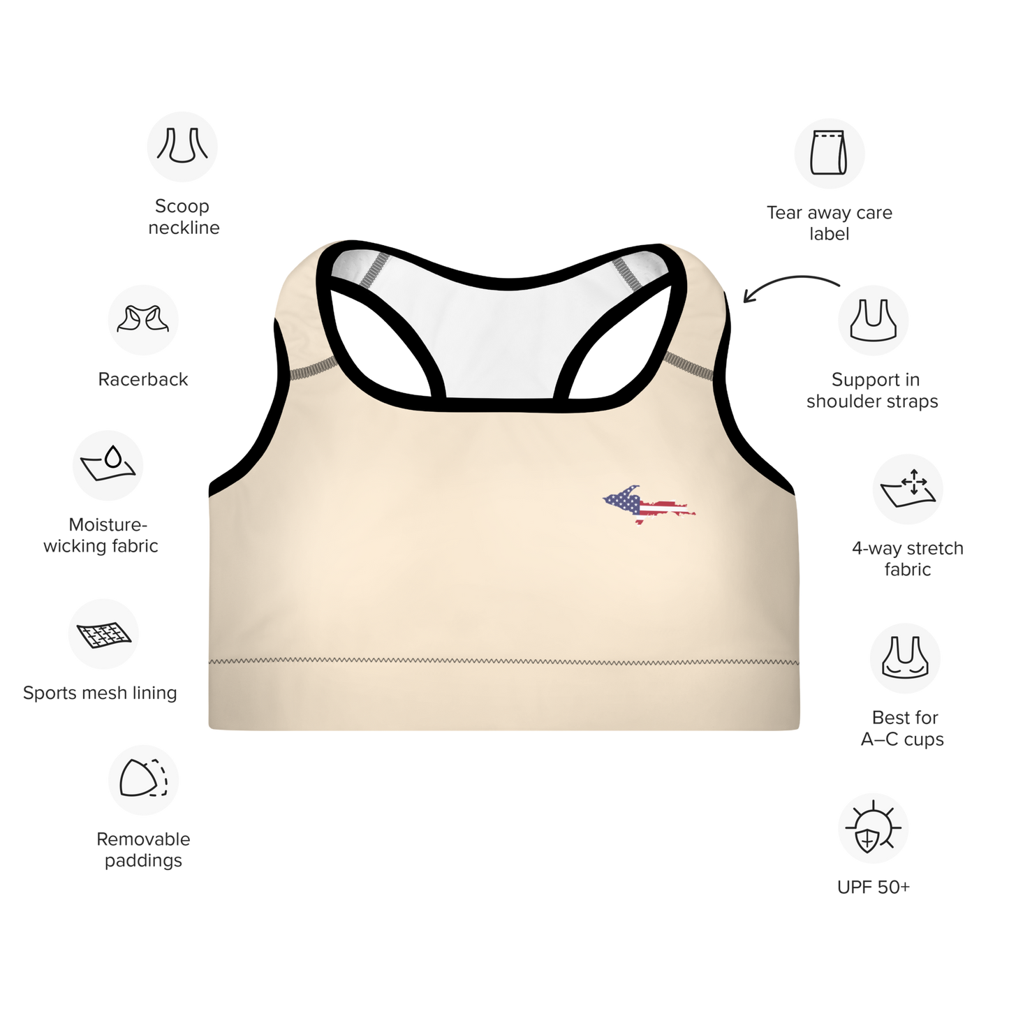 Michigan Upper Peninsula Padded Sports Bra (w/ UP USA Flag Outline) | Champagne White