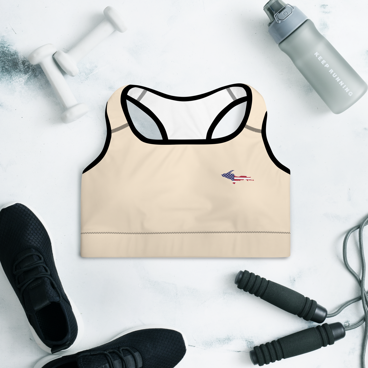 Michigan Upper Peninsula Padded Sports Bra (w/ UP USA Flag Outline) | Champagne White