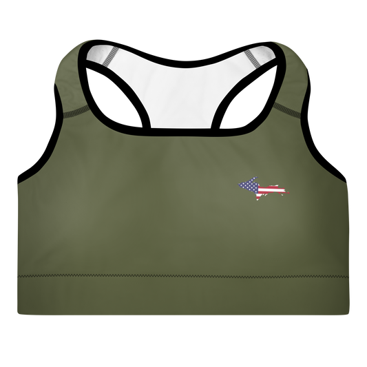 Michigan Upper Peninsula Padded Sports Bra (w/ UP USA Flag Outline) | Army Green