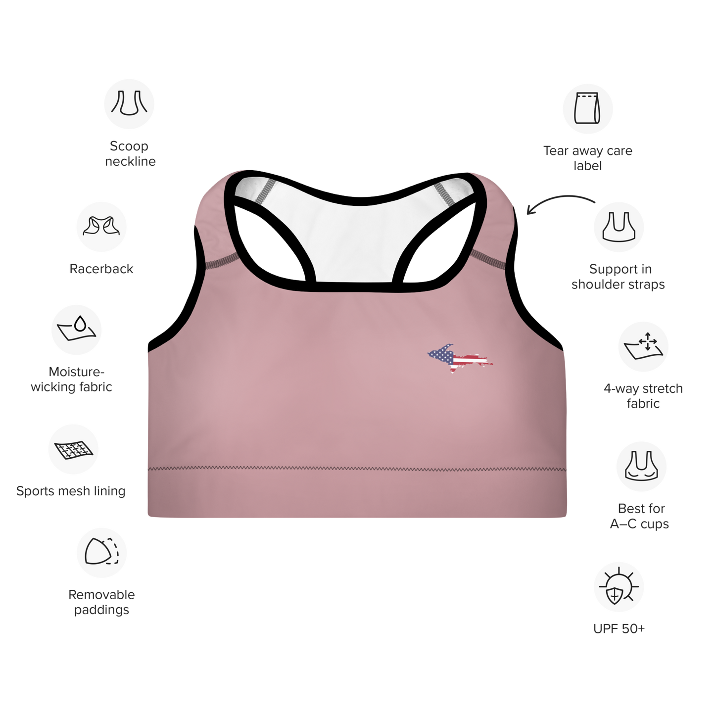 Michigan Upper Peninsula Padded Sports Bra (w/ UP USA Flag Outline) | Cherry Blossom Pink