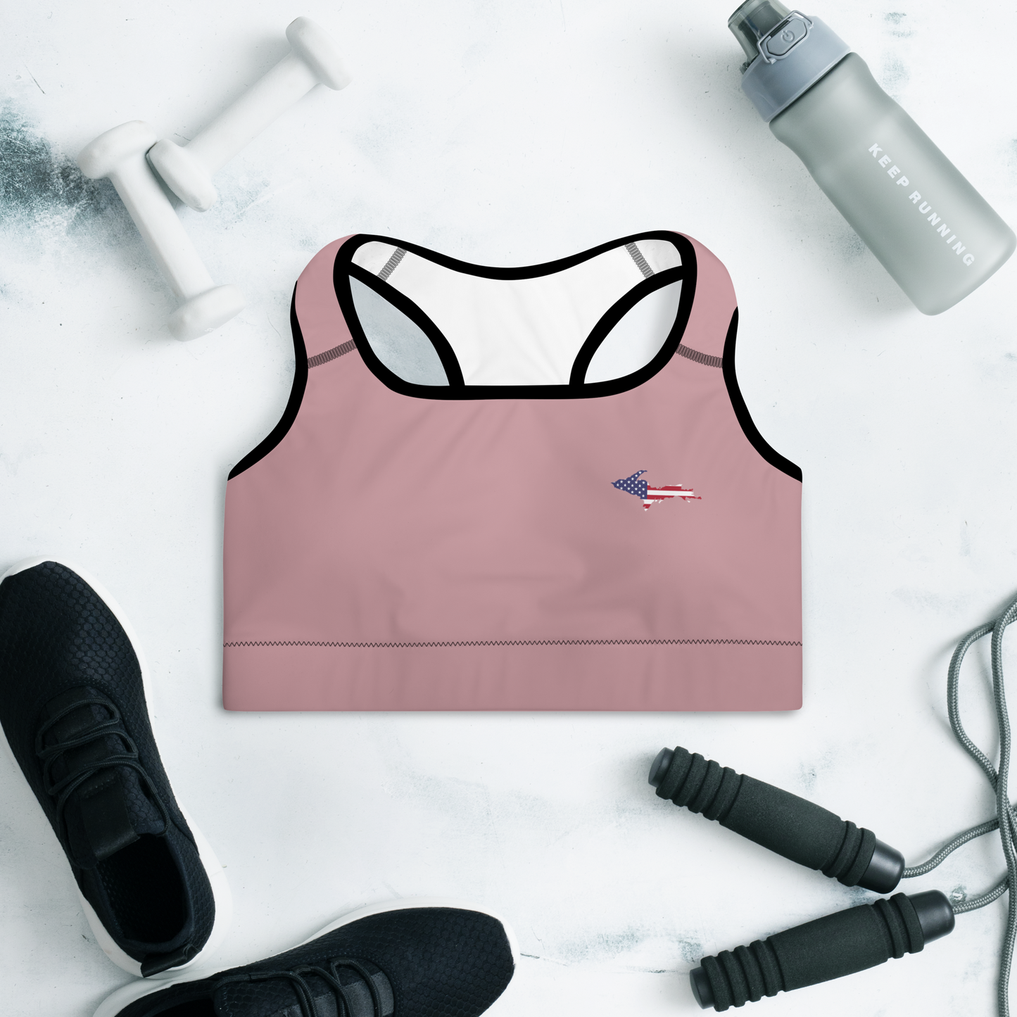 Michigan Upper Peninsula Padded Sports Bra (w/ UP USA Flag Outline) | Cherry Blossom Pink