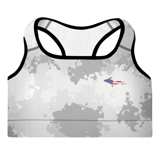 Michigan Upper Peninsula Padded Sports Bra (w/ UP USA Flag Outline) | Snow Camo