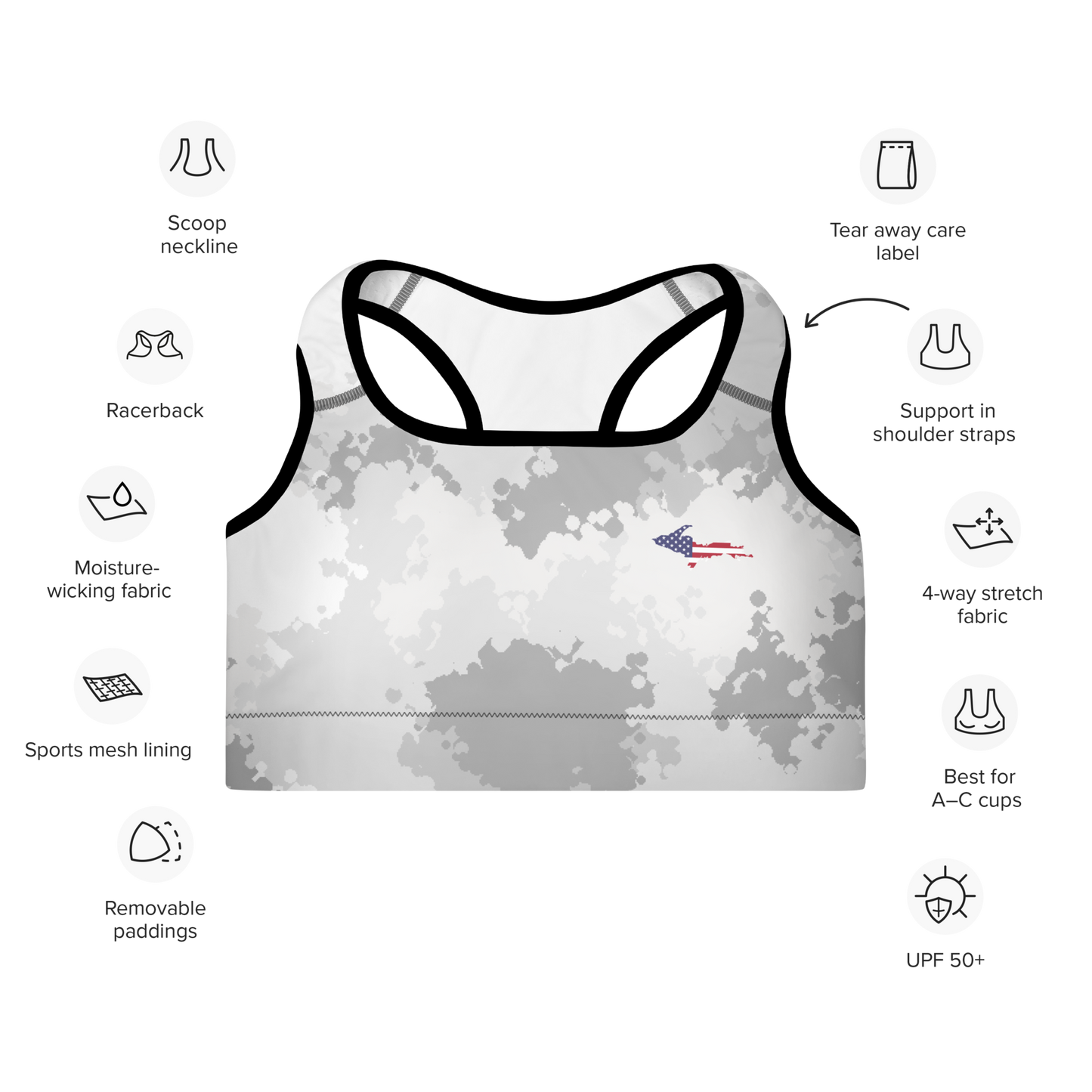 Michigan Upper Peninsula Padded Sports Bra (w/ UP USA Flag Outline) | Snow Camo