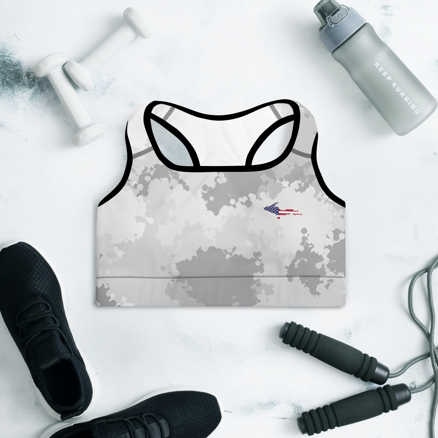 Michigan Upper Peninsula Padded Sports Bra (w/ UP USA Flag Outline) | Snow Camo