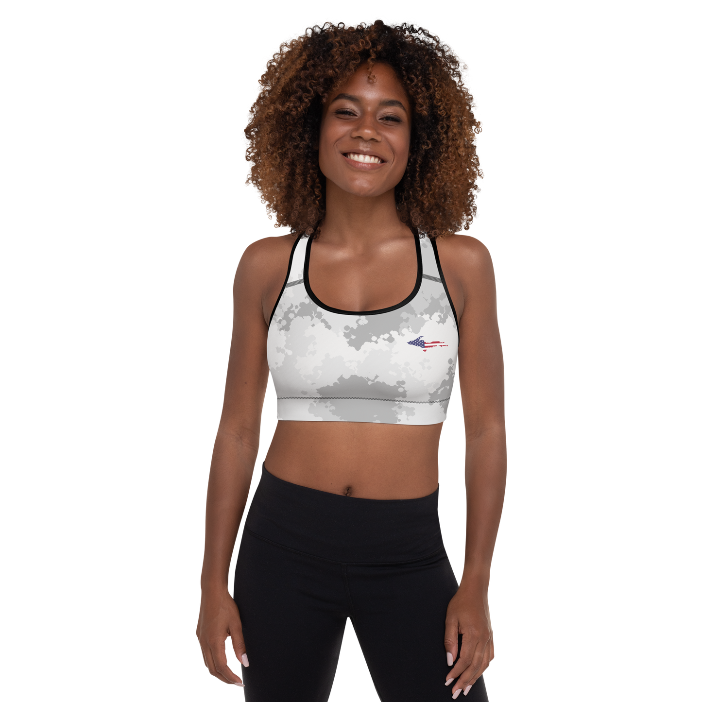 Michigan Upper Peninsula Padded Sports Bra (w/ UP USA Flag Outline) | Snow Camo