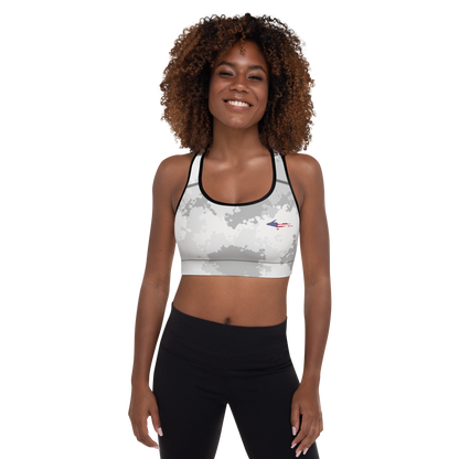 Michigan Upper Peninsula Padded Sports Bra (w/ UP USA Flag Outline) | Snow Camo