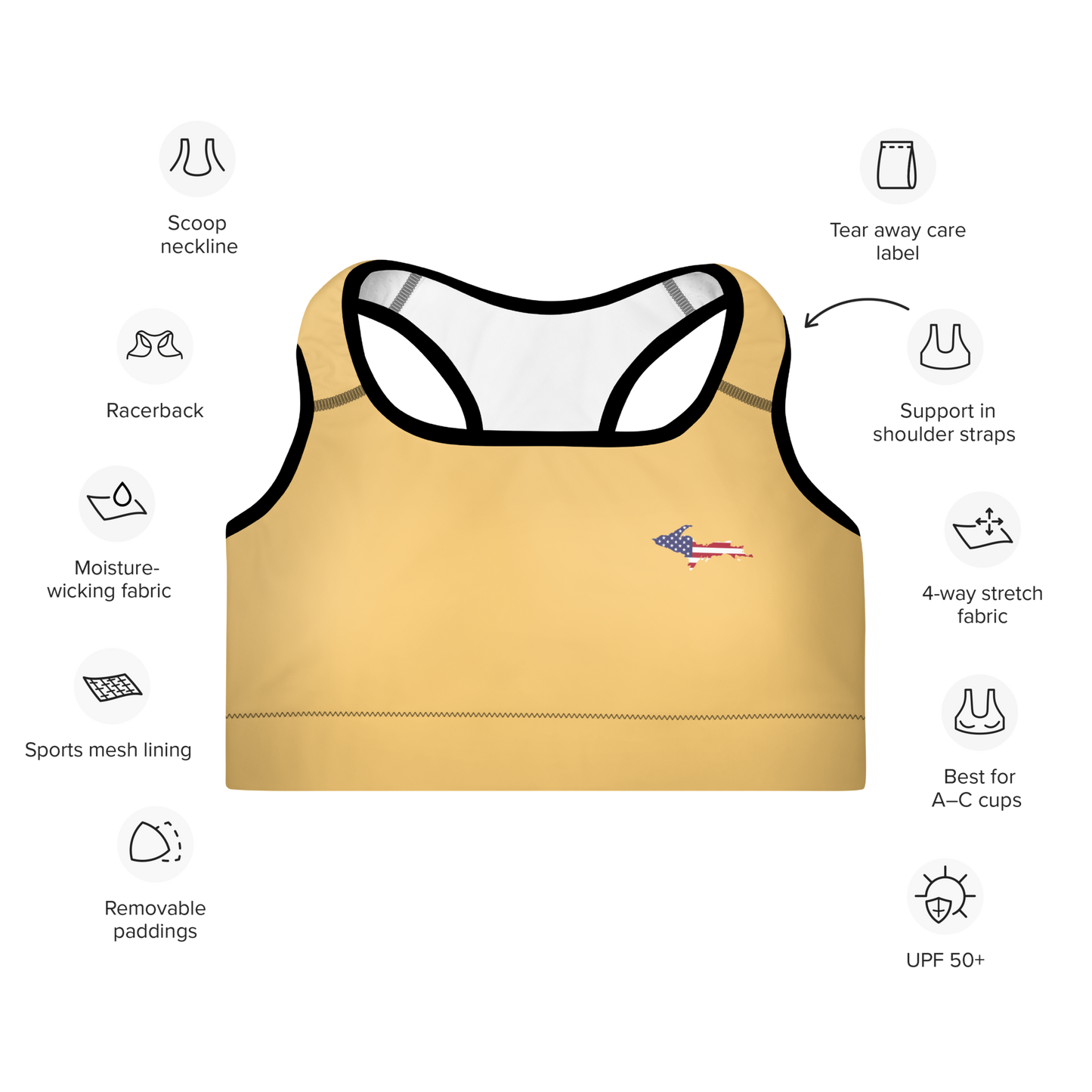 Michigan Upper Peninsula Padded Sports Bra (w/ UP USA Flag Outline) | Citrine