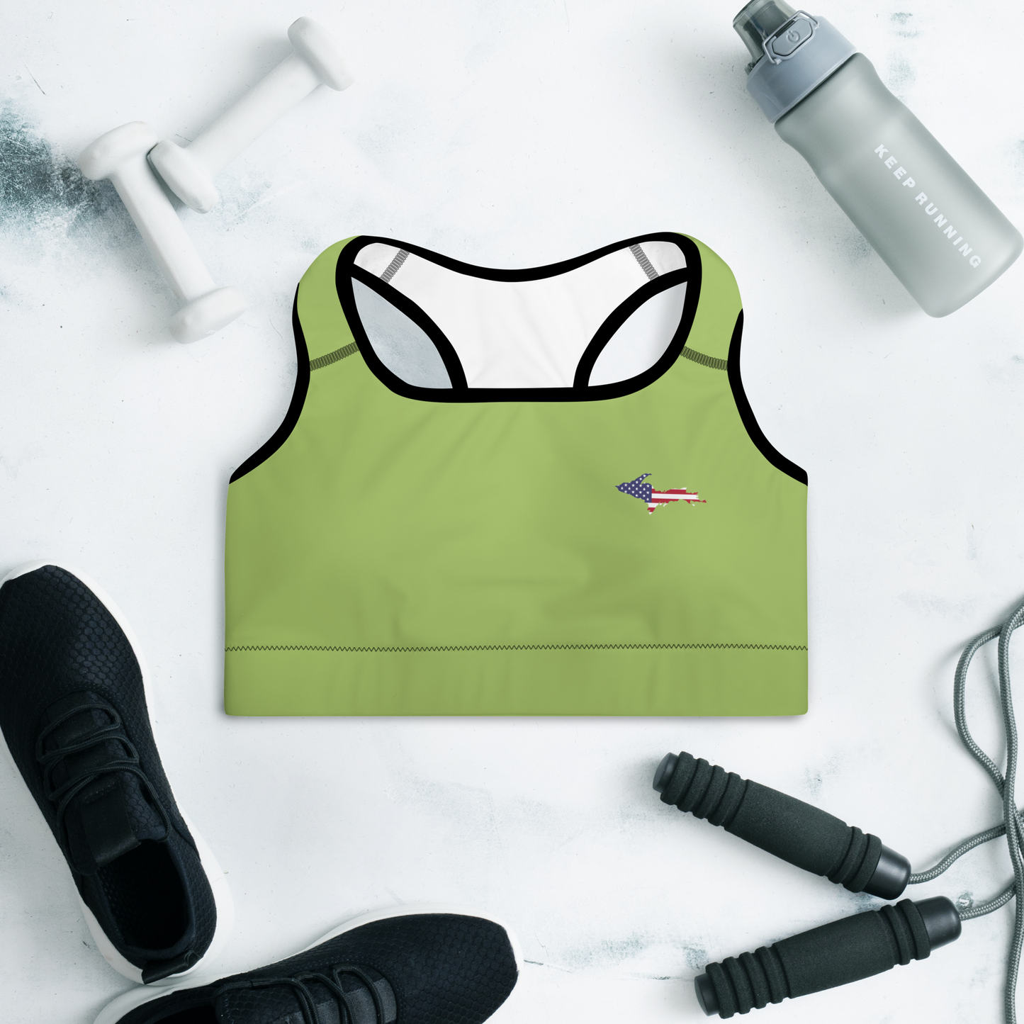 Michigan Upper Peninsula Padded Sports Bra (w/ UP USA Flag Outline) | Gooseberry Green