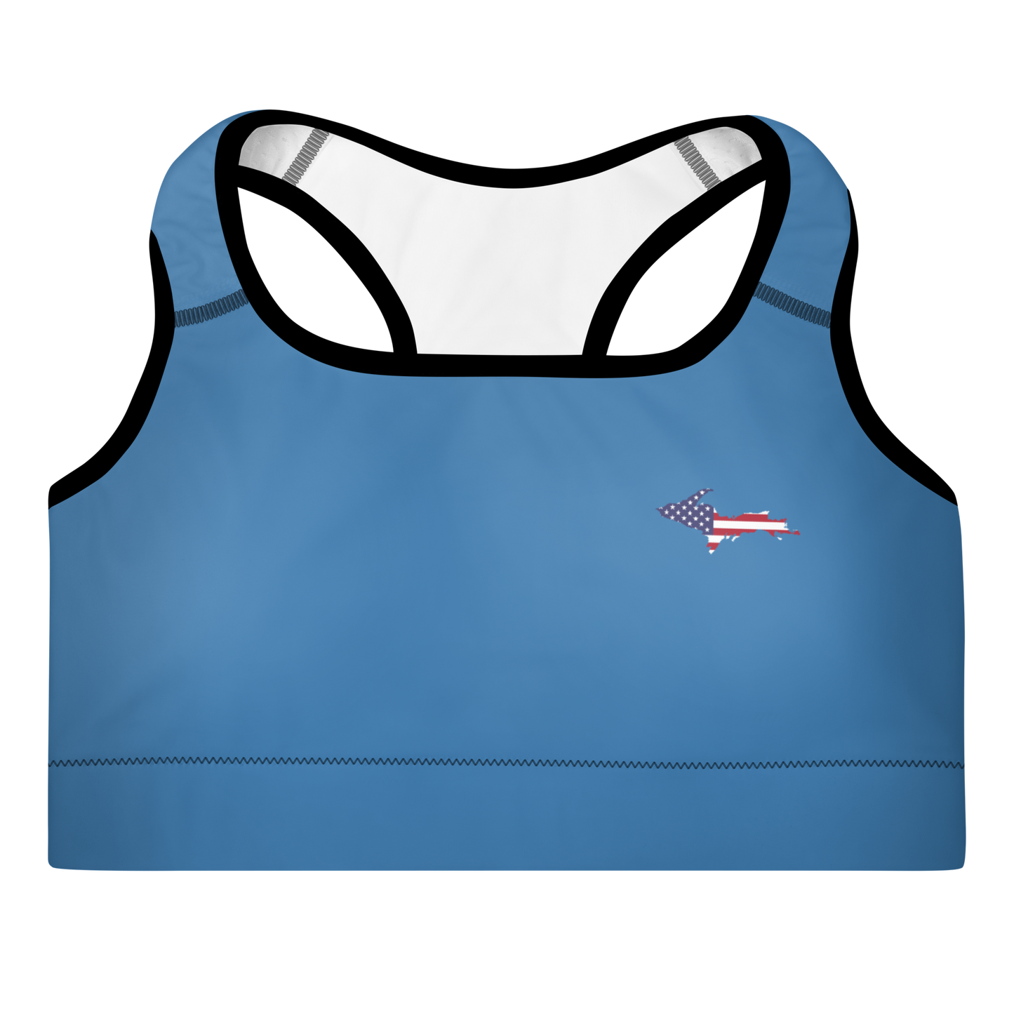 Michigan Upper Peninsula Padded Sports Bra (w/ UP USA Flag Outline) | Lake Superior Blue