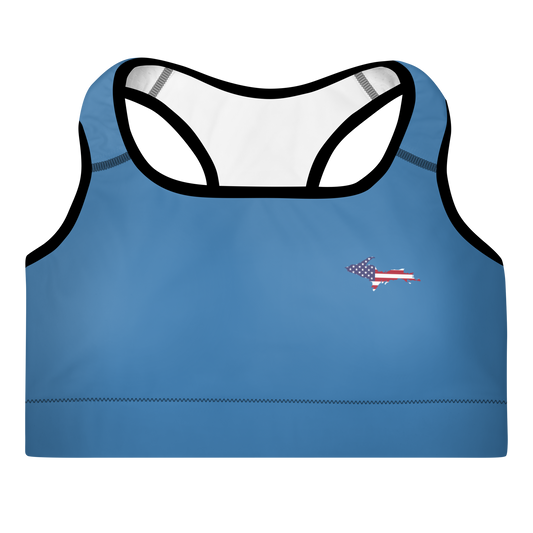 Michigan Upper Peninsula Padded Sports Bra (w/ UP USA Flag Outline) | Lake Superior Blue