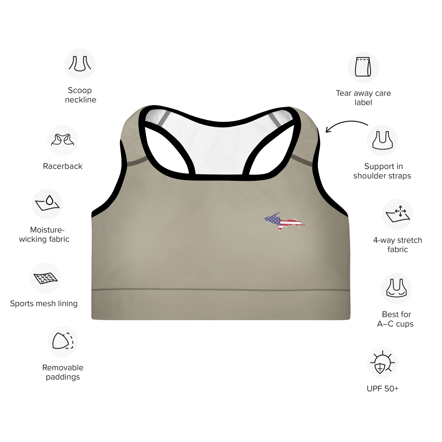 Michigan Upper Peninsula Padded Sports Bra (w/ UP USA Flag Outline) | Petoskey Stone Beige