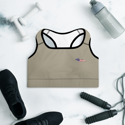 Michigan Upper Peninsula Padded Sports Bra (w/ UP USA Flag Outline) | Petoskey Stone Beige