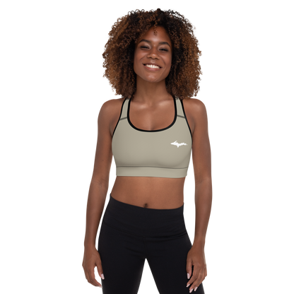 Michigan Upper Peninsula Padded Sports Bra (w/ UP Outline) | Petoskey Stone Beige