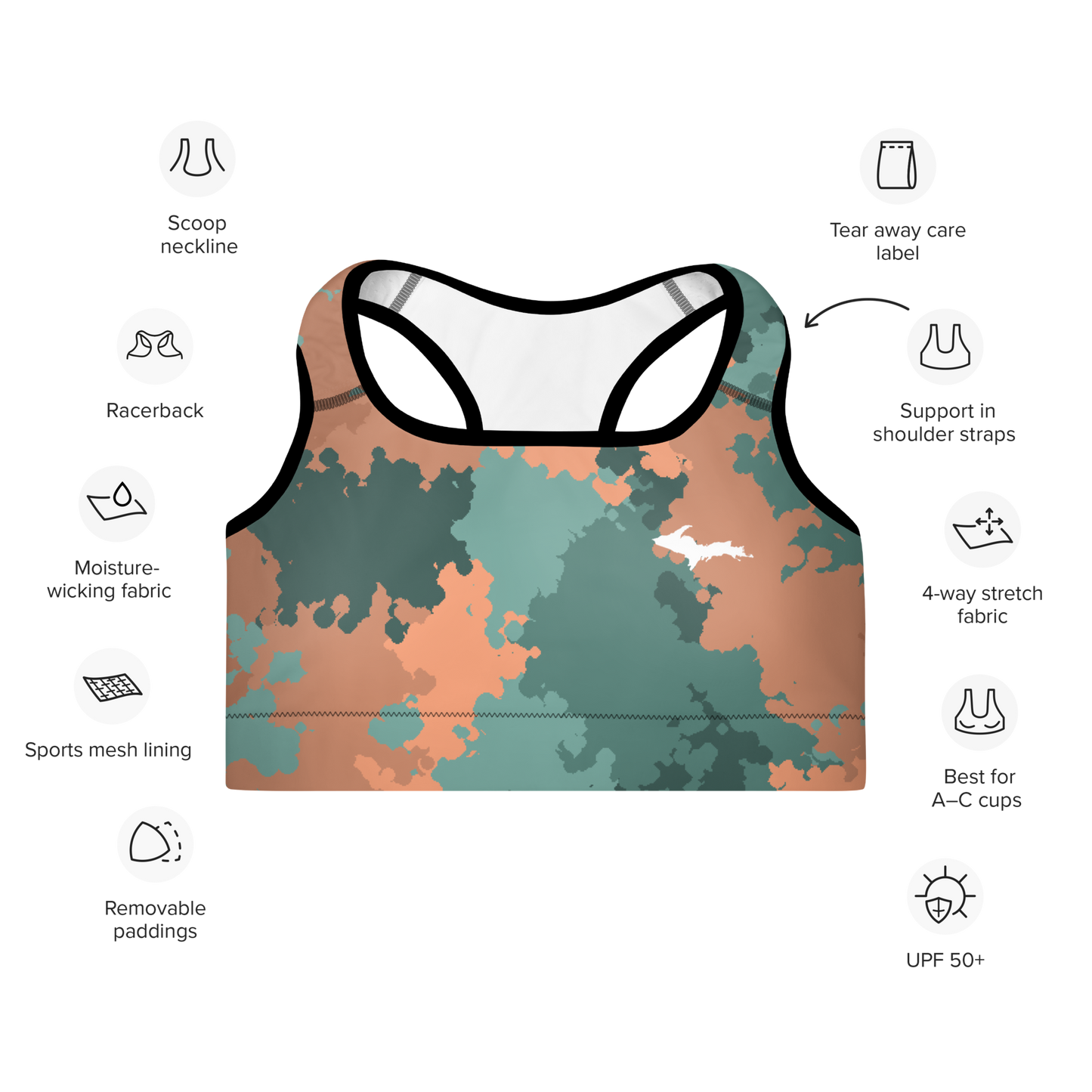 Michigan Upper Peninsula Padded Sports Bra (w/ UP Outline) | Copper Country Camo