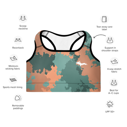 Michigan Upper Peninsula Padded Sports Bra (w/ UP Outline) | Copper Country Camo