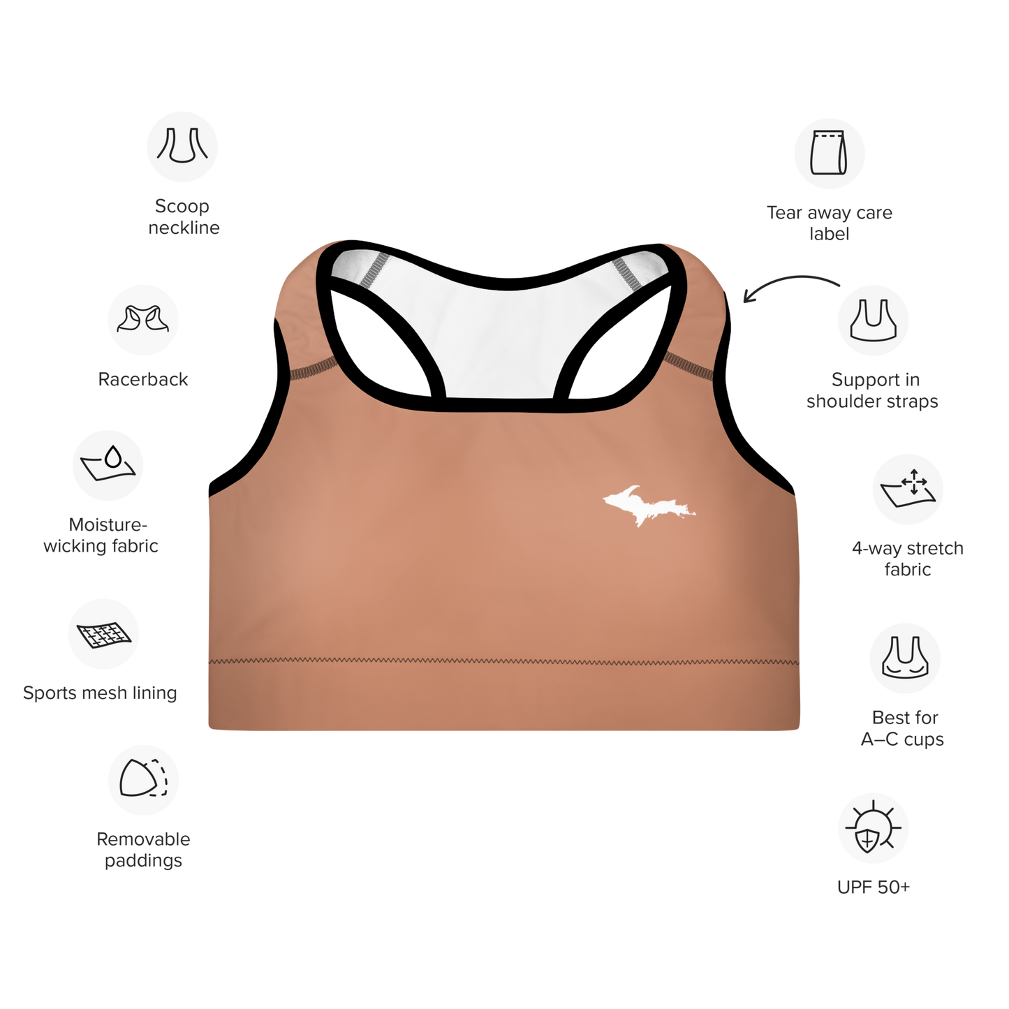 Michigan Upper Peninsula Padded Sports Bra (w/ UP Outline) | Copper Color