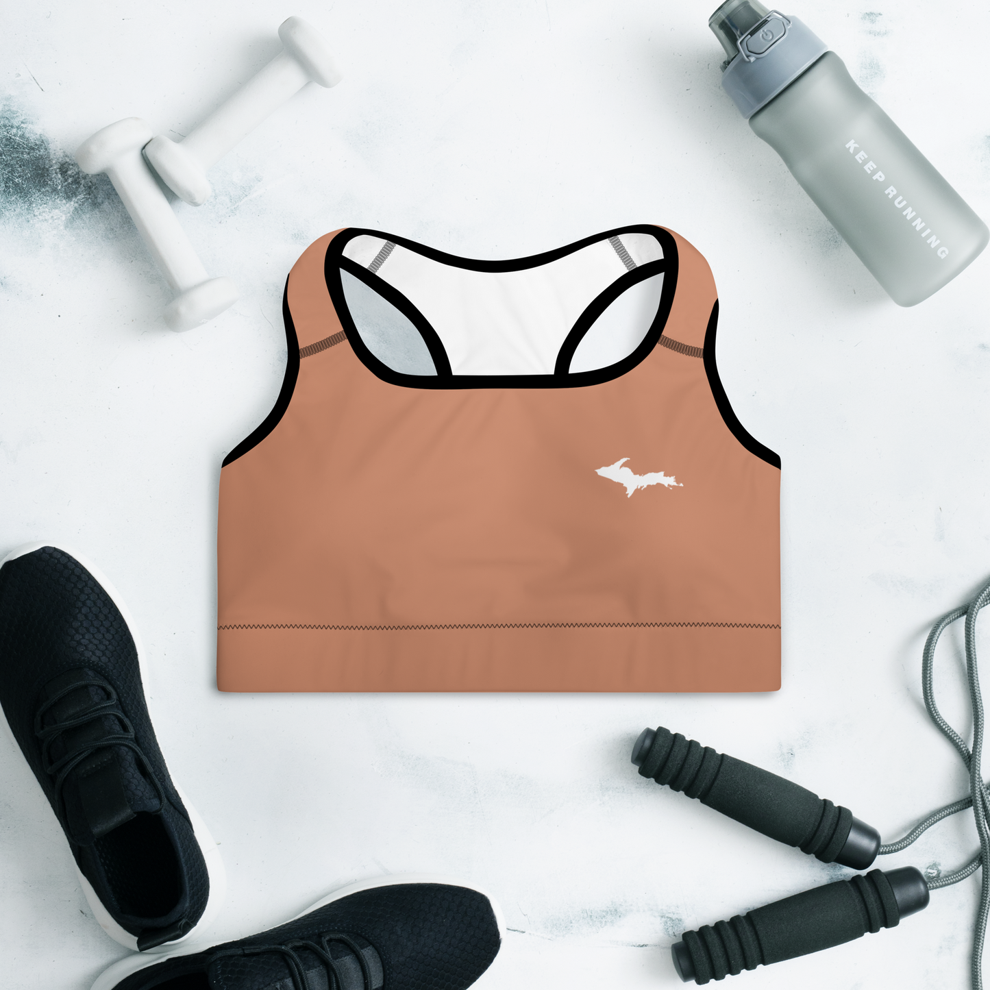 Michigan Upper Peninsula Padded Sports Bra (w/ UP Outline) | Copper Color