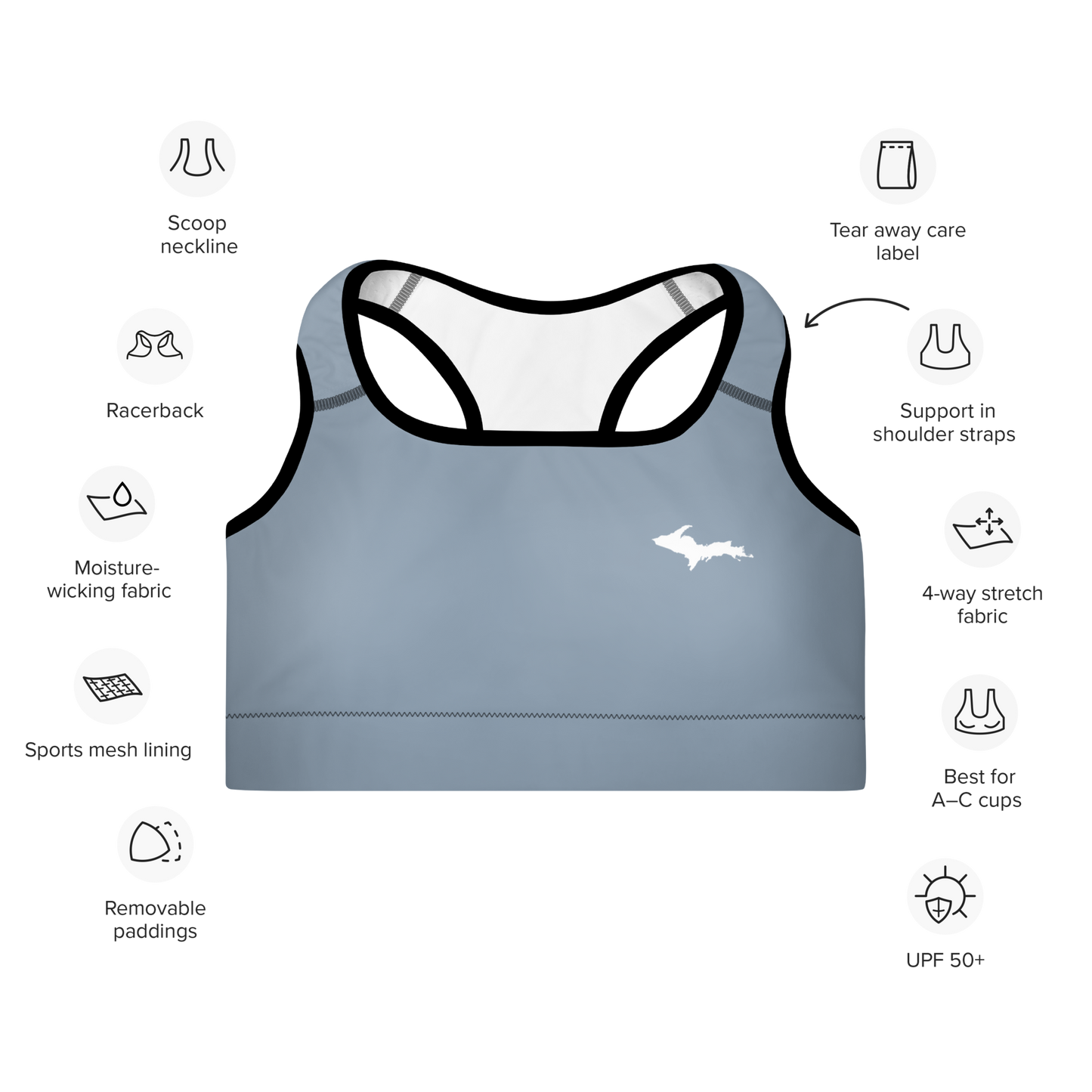 Michigan Upper Peninsula Padded Sports Bra (w/ UP Outline) | B-24 Liberator Grey