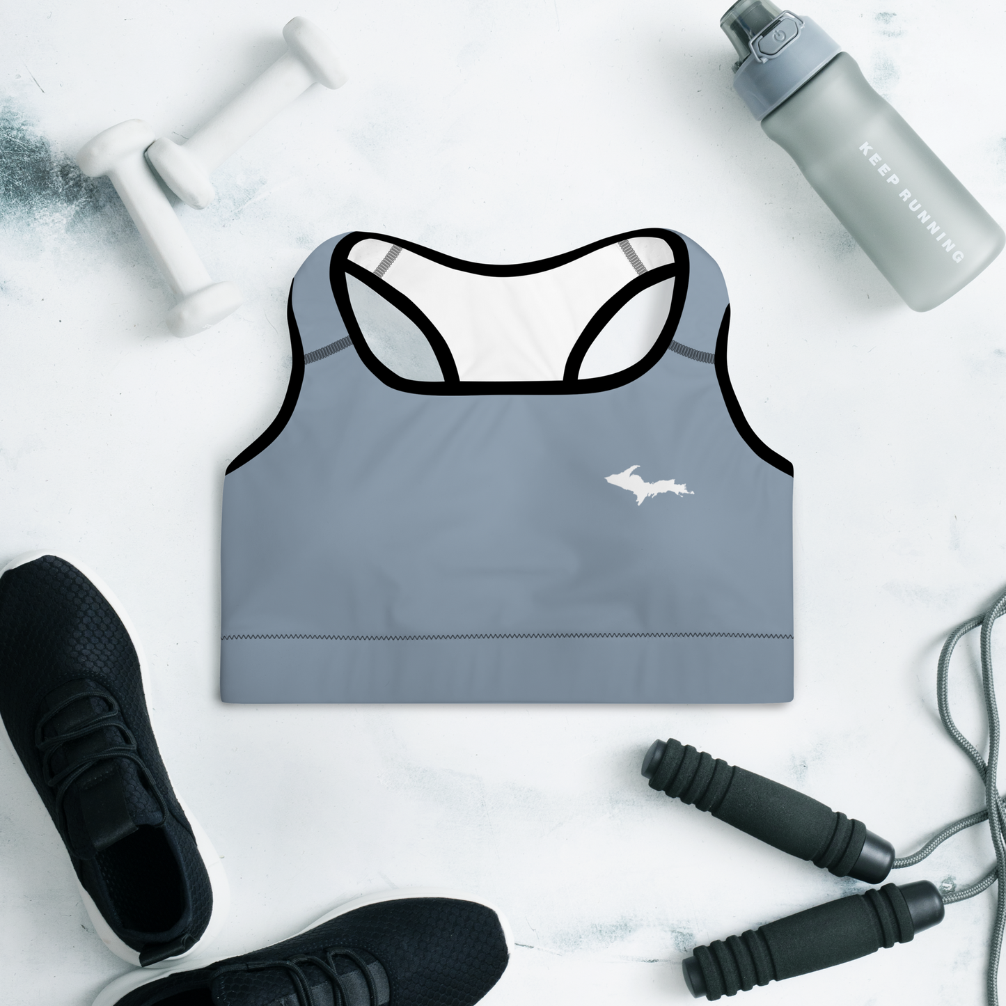 Michigan Upper Peninsula Padded Sports Bra (w/ UP Outline) | B-24 Liberator Grey