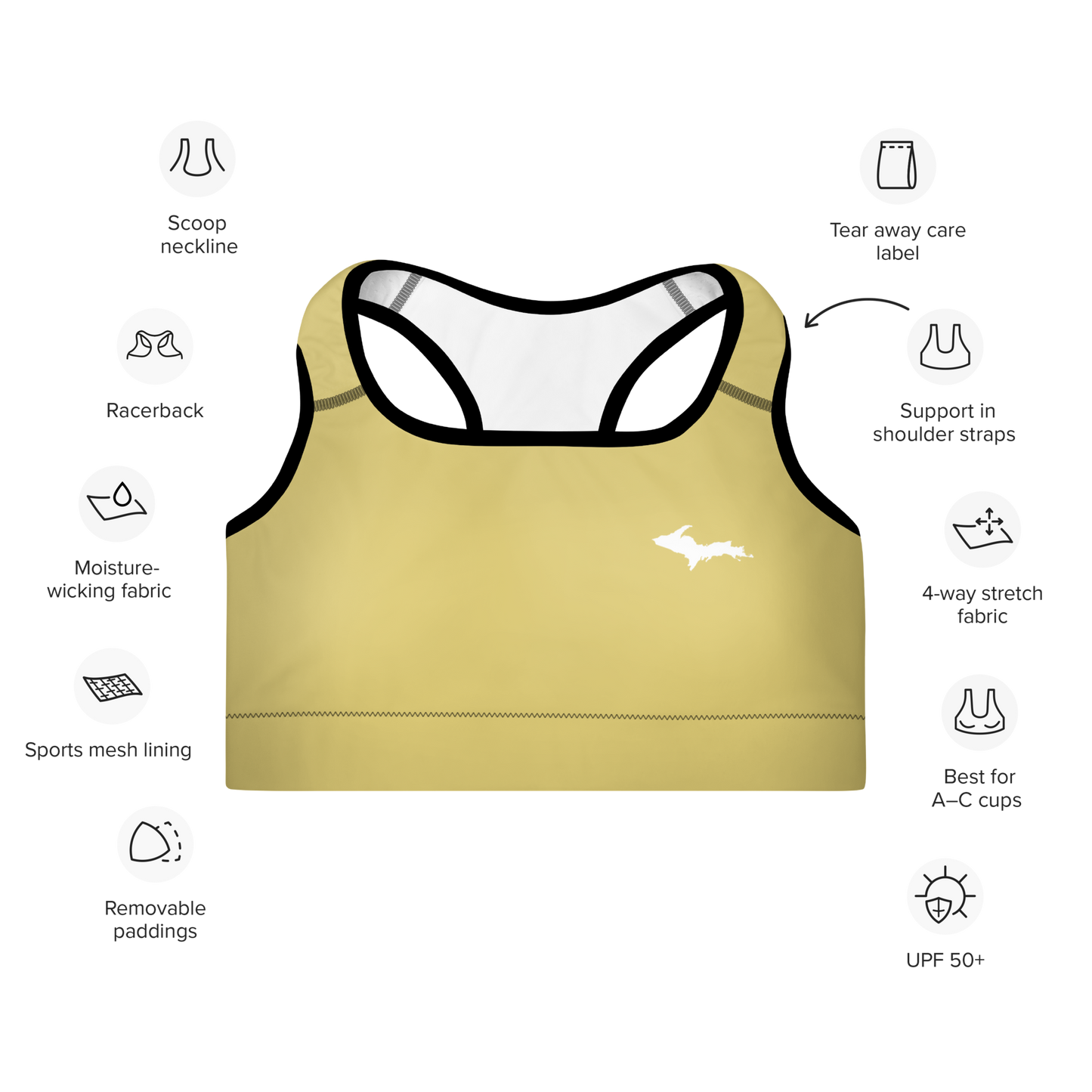 Michigan Upper Peninsula Padded Sports Bra (w/ UP Outline) | Plum Yellow