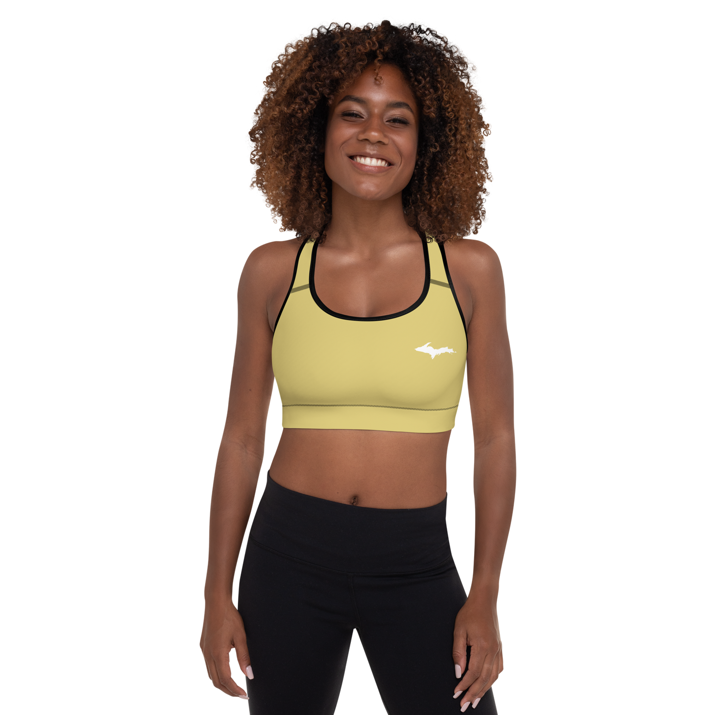 Michigan Upper Peninsula Padded Sports Bra (w/ UP Outline) | Plum Yellow