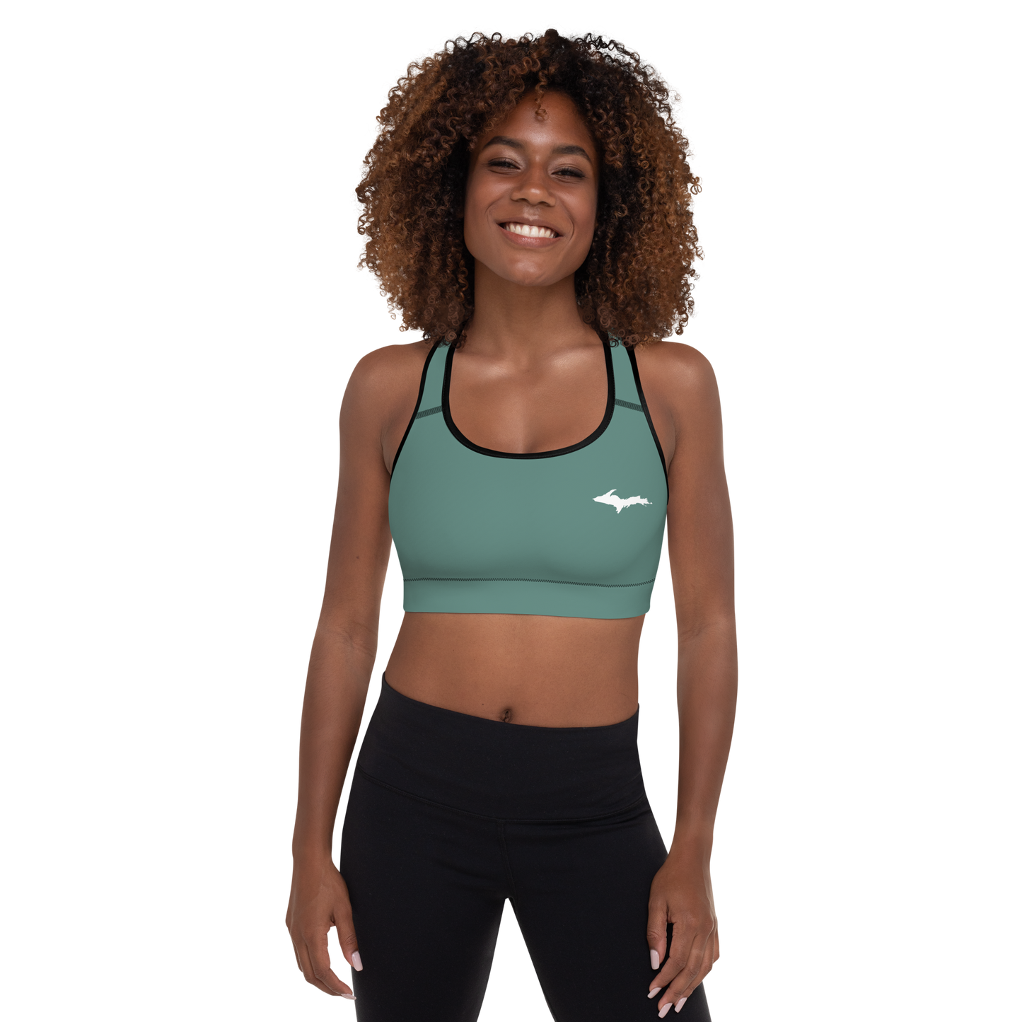 Michigan Upper Peninsula Padded Sports Bra (w/ UP Outline) | Copper Green