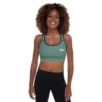 Michigan Upper Peninsula Padded Sports Bra (w/ UP Outline) | Copper Green