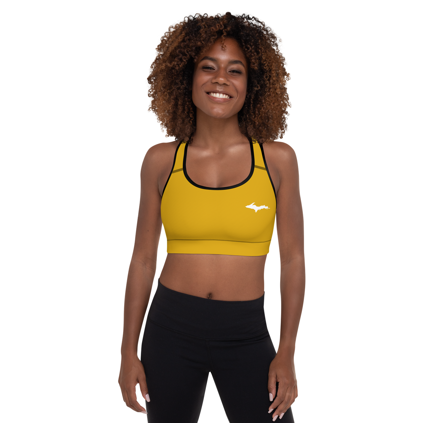 Michigan Upper Peninsula Padded Sports Bra (w/ UP Outline) | Gold