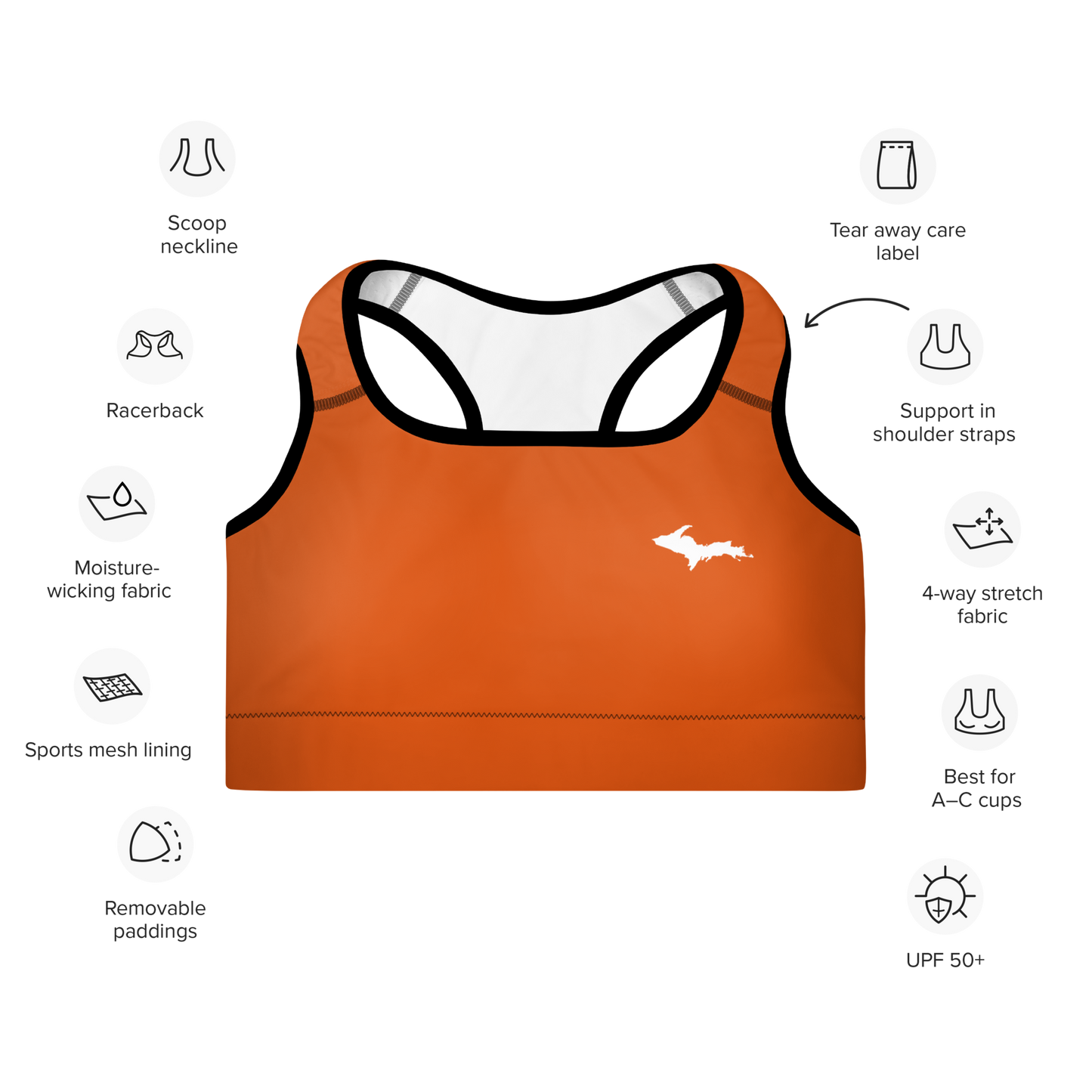 Michigan Upper Peninsula Padded Sports Bra (w/ UP Outline) | Maple Leaf Orange