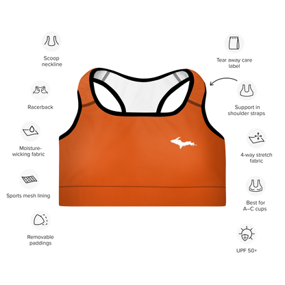 Michigan Upper Peninsula Padded Sports Bra (w/ UP Outline) | Maple Leaf Orange