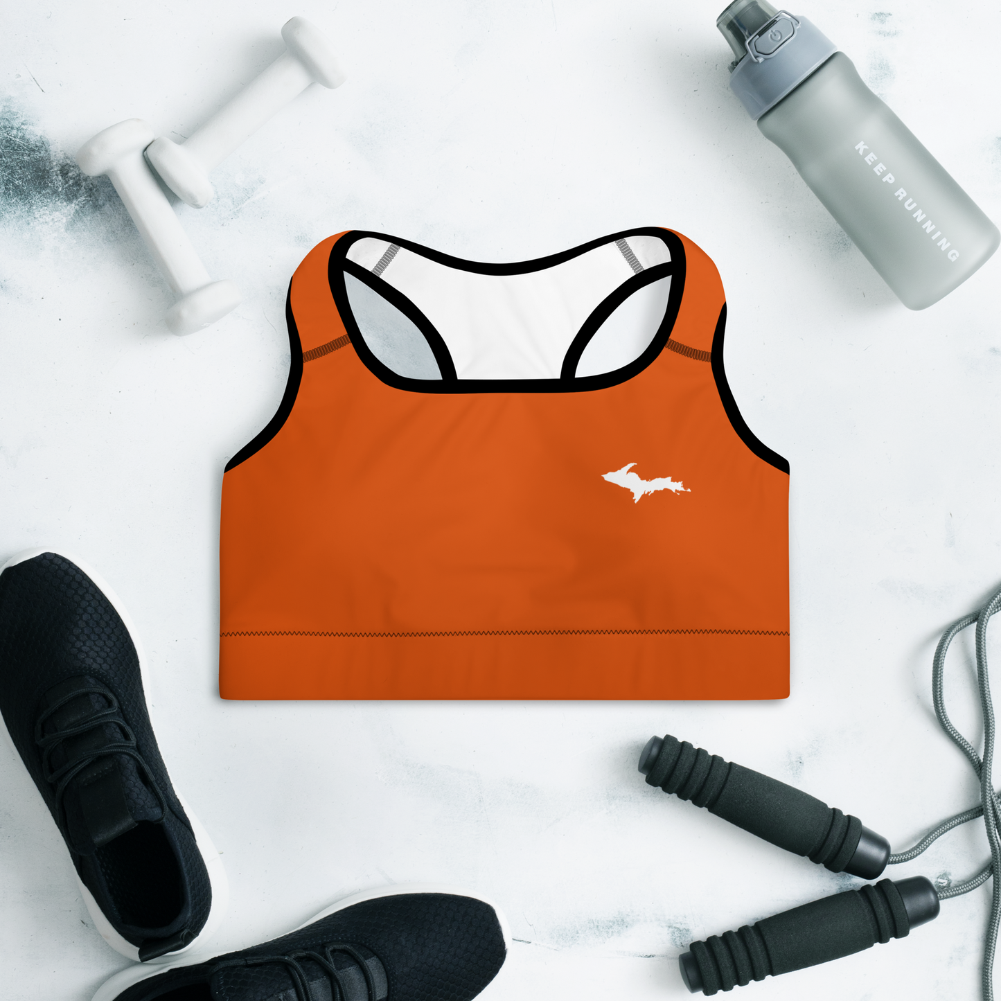 Michigan Upper Peninsula Padded Sports Bra (w/ UP Outline) | Maple Leaf Orange