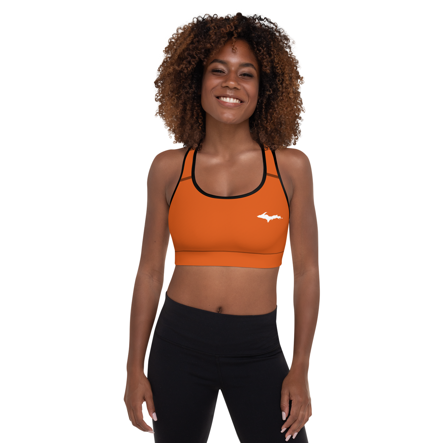 Michigan Upper Peninsula Padded Sports Bra (w/ UP Outline) | Maple Leaf Orange