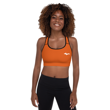 Michigan Upper Peninsula Padded Sports Bra (w/ UP Outline) | Maple Leaf Orange