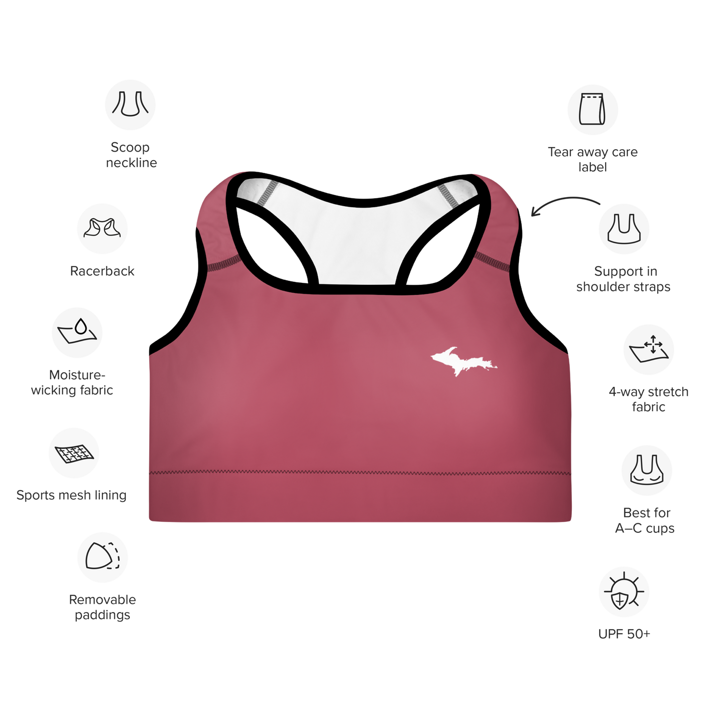 Michigan Upper Peninsula Padded Sports Bra (w/ UP Outline) | Popstar Pink