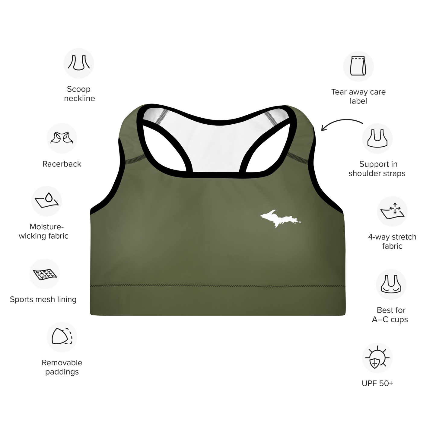 Michigan Upper Peninsula Padded Sports Bra (w/ UP Outline) | Army Green